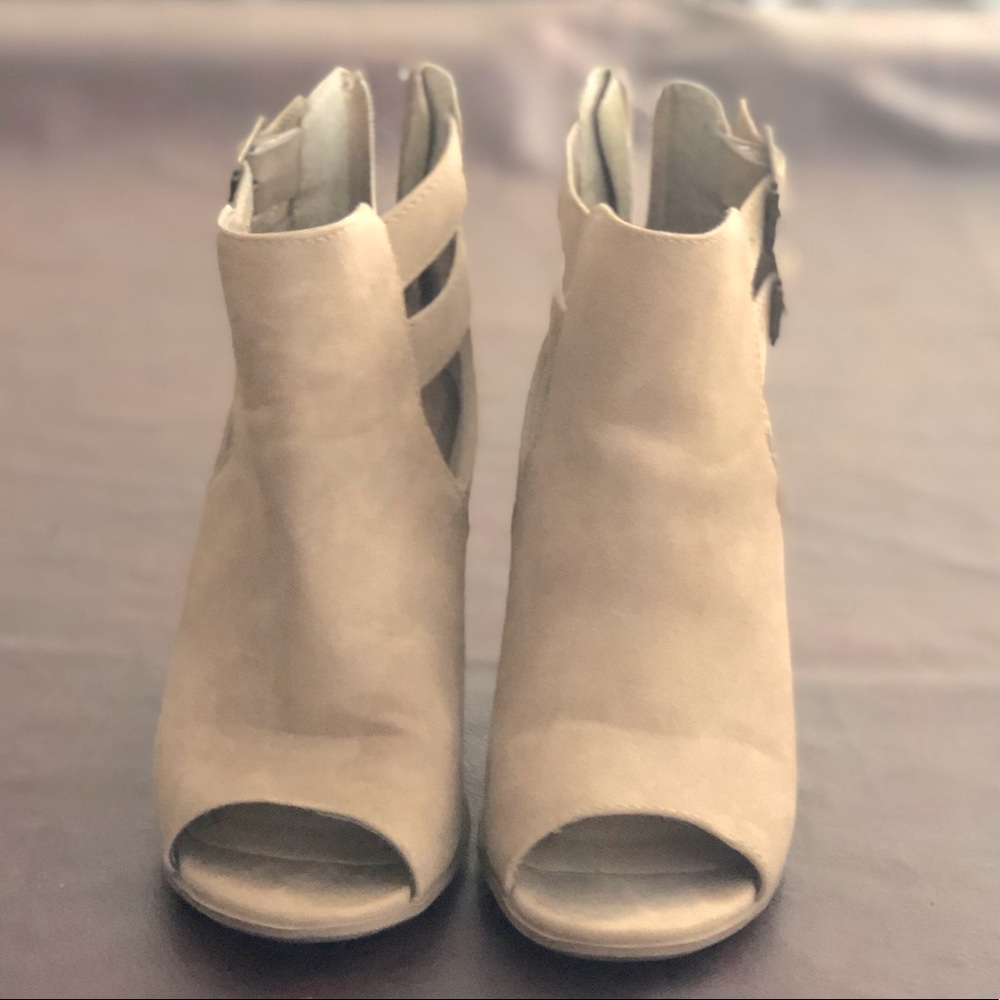 Two Belted peep toe booties